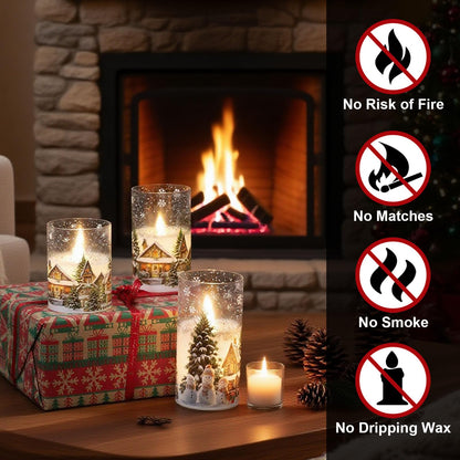 Lasumora Snowman Family and Snowy Cabin Scene Themed Glass Flameless Candles with Remote Timer, Battery Operated LED Pillar Candles Real Wax for Home Décor Christmas Gifts, D3”x H4” 5” 6”