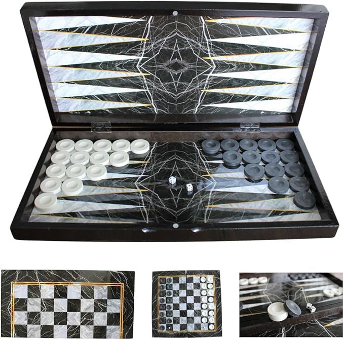 Park&ampOz Premium Turkish Backgammon and Checkers Set 19 Inch Handmade 2 in 1 Wooden Board Game with Glossy Finish Luxury Checkers and Dice Travel Friendly and Foldable (Black Marble)