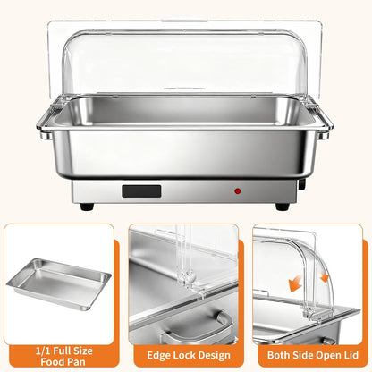 Garvee Electric Chafing Dish Buffet Set, 2 × 4.5 QT Roll Top Food Warmer with Transparent PC Lid, 400W Temperature Control 86-200°F, Stainless Steel Chafer for Catering Parties(2 Packs)