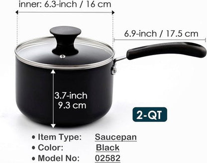 Cook N Home Nonstick Sauce Pan - 2-Qt Multi-Purpose Kitchen Pot with Glass Lid | Black Aluminum