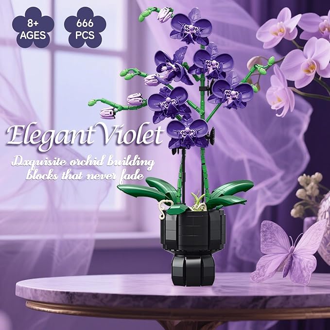 Orchid Flowers Building Sets with Vase Purple Orchid Botanicals Collection Building Toys for Home Office Decor Desk Decor Christmas Birthday Gifts for Women Adults Girls Age 8-12+ (666 PCS)