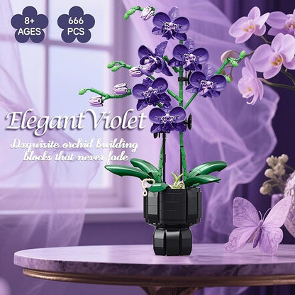 Orchid Flowers Building Sets with Vase Purple Orchid Botanicals Collection Building Toys for Home Office Decor Desk Decor Christmas Birthday Gifts for Women Adults Girls Age 8-12+ (666 PCS)