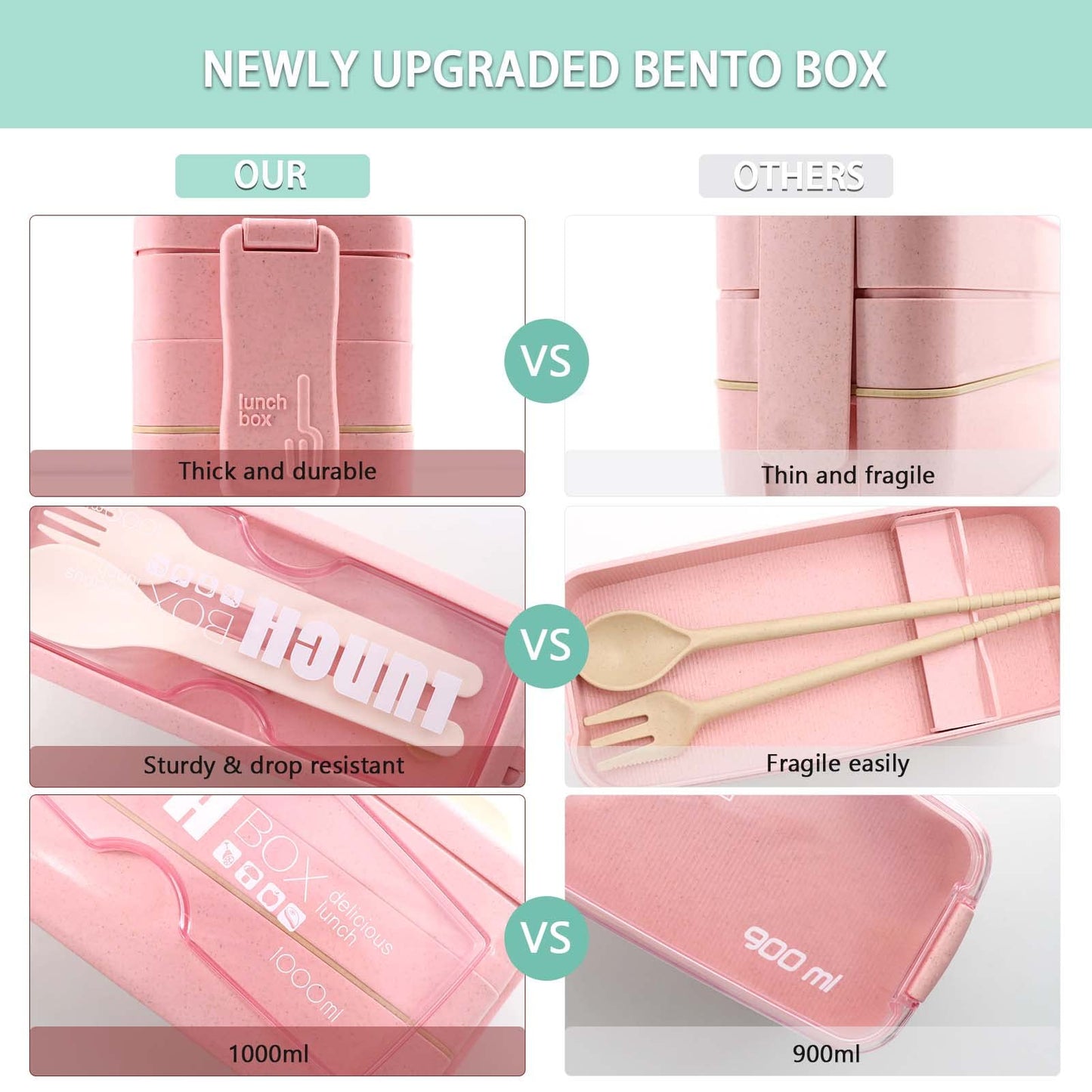 Meltset M Bento Box Japanese Lunch Box Kit Leakproof Bento Lunch Box for Kids Adults Wheat Straw 3 Layer Stackable Lunch Containers with Compartment Eco-Friendly Meal Prep Containers (Pink)