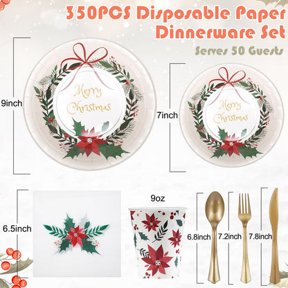Sliner 350 Pcs Christmas Party Supplies Disposable Christmas Tableware Set 100 Paper Plate 50 Cup Napkin Knives Fork Spoon Xmas Holiday Party Dinnerware Table Decoration Classic Xmas Tableware