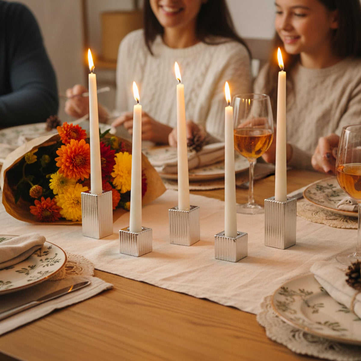 LETINE 12pcs Silver Vertical Stripe Glass Candlestick Holders - Chic Taper Candle Sticks Holder Set for Elegant Dining & Home Decor - Ideal for Valentine's Day, Halloween, Thanksgiving
