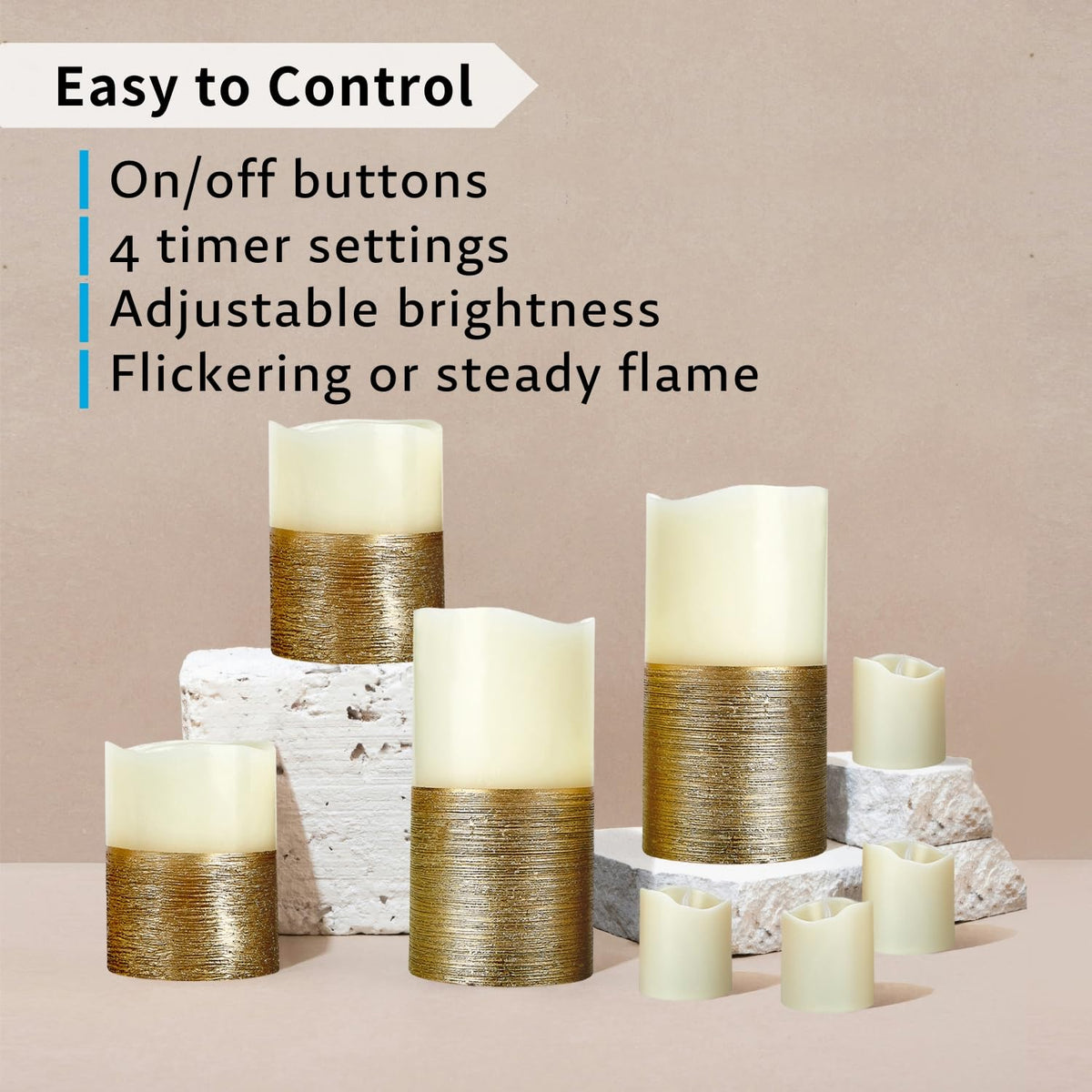 FURORA LIGHTING Gold Trim Flameless Candles - Real Wax, Adjustable Brightness, Remote & Timer - 4 Pillars (3x4, 3x6) and 4 Votives, 8-Pack, Battery Operated