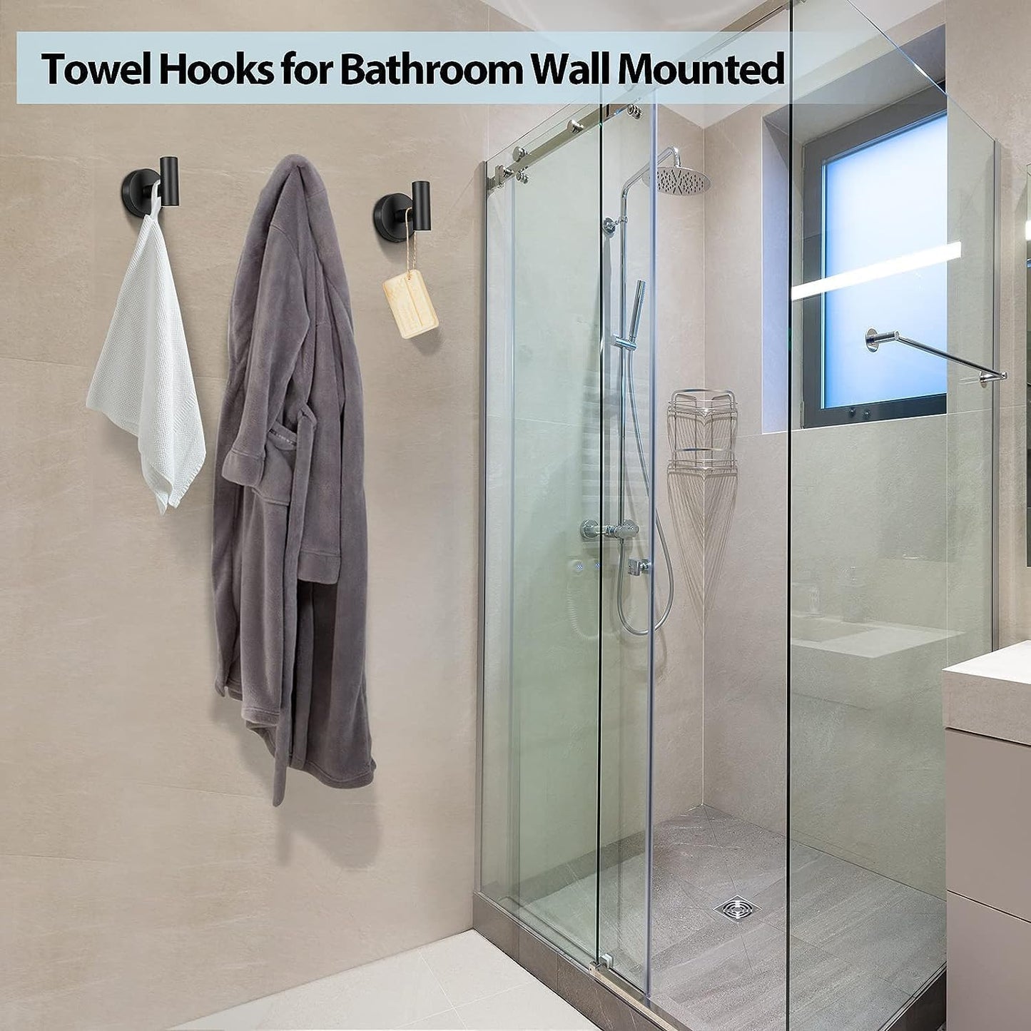 Kruodop Towel Hooks for Bathroom,2 Packs Wall Mount Towel Holder,Black Matte Wall Robe Hook,Stainless Steel Heavy Duty Door Hanger Towel Hook for Kitchen, Bedroom,Hotel,Pool,Coats