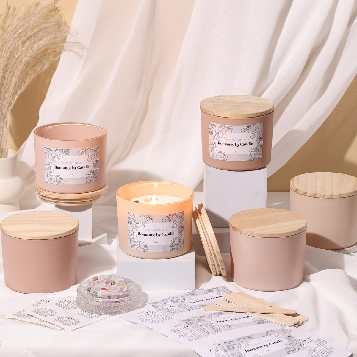 6Pcs Assorted Camel Candle Jars for Making Candles, 12oz Empty Candle Jars with Bamboo Lids,Labels and 100g Crystal Rocks, Glass Jars for Candle Making Supplies, Candle Containers for DIY Gifts