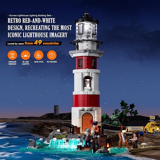 City Sunrise Lighthouse Lighting-Building-Bricks-Set - 1632 Pcs Road Trip Lighthouse Modular Collection LED Light Building Set for Adults and Travelling Enthusiasts