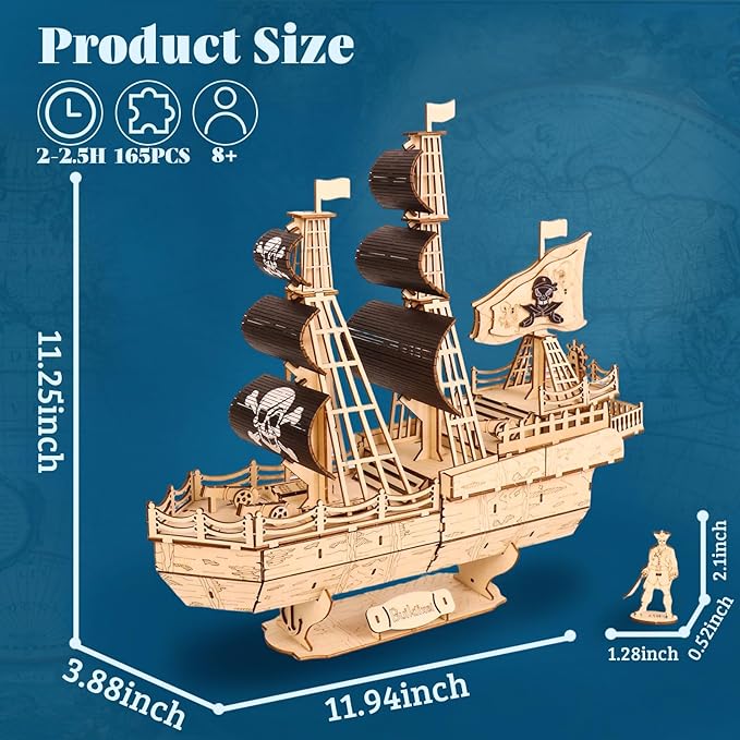 3D Wooden Puzzles for AdultsWooden Toy for Kids and AdultsModel Building KitEducational Brain TeaserBest Educational Christmas Birthday Day Gift for Friends (Wooden Pirate Ship)