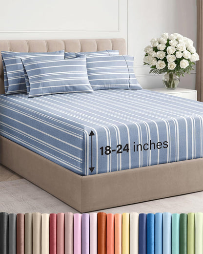 Skiennix Extra Deep King Sheet Set - 6 Piece Cooling Bedding - Soft, Wrinkle-Free Blue Stripes
