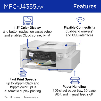 Brother INKvestment 4355 Wireless Color Inkjet All-in-One Printer with 1.8” Color Display and Manual Feed Slot | Includes Refresh Subscription Trial(1) (MFC-J4355DW)
