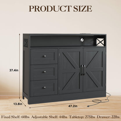 GAOMON 51Inch Sideboard Buffet Cabinet, Wood Rustic Coffee Bar Large Buffet Storage Cabinet with Drawers and Power Outlets Shelves Doors for Dining Kitchen Living Room, Black