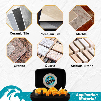 EXFEIN Tile Hole Saw Kit 13pcs - 6/6/8/19/25/35/50/75/102mm Diamond Core Drill Bits, 4/5 Inch Milling Bit + 2 Inch Chamfer Bit + Adapter + 4.5 Inch Grinding & Cutting Disc for Tile Marble Granite