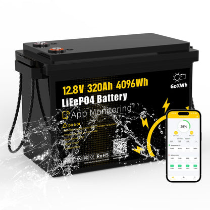 GOKWH 12V 320Ah LiFePO4 Lithium Battery with Smart APP, Bluetooth 5.0 Rechargeable 4096Wh Battery, 200A BMS Up to 8000 Deep Cycle for RVs, Trolling Motor, Solar System, HomeBackup and Off-Grid