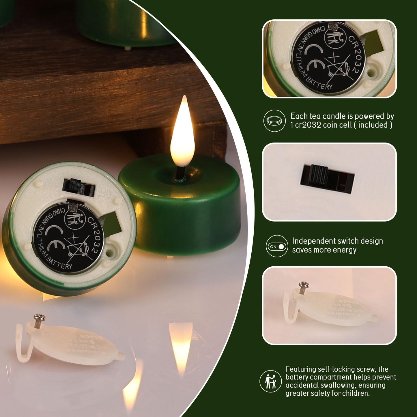 Eywamage Green Flameless Wax Tealights with Remote Batteries, Flickering LED Tea Votive Candles Set of 10