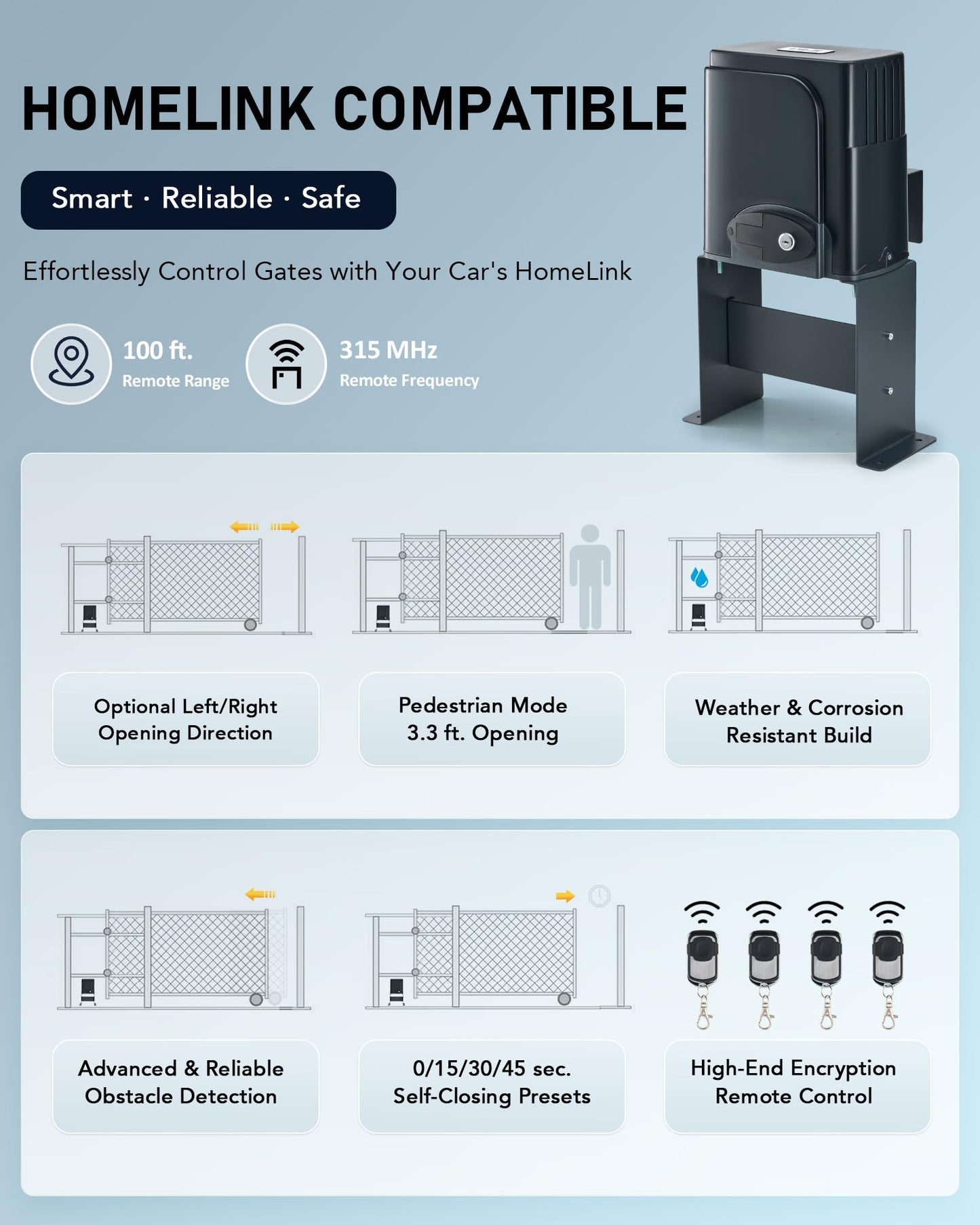 CO-Z CGHL14 Automatic Gate Opener, HomeLink Compatible Sliding Gate Opener for 1400lb 40ft Gates, Electric 280W Chain Operated Gate Opening Kit with IR Sensors Remotes, Driveway Home Garden