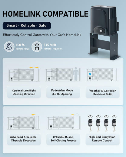 CO-Z CGHL14 Automatic Gate Opener, HomeLink Compatible Sliding Gate Opener for 1400lb 40ft Gates, Electric 280W Chain Operated Gate Opening Kit with IR Sensors Remotes, Driveway Home Garden