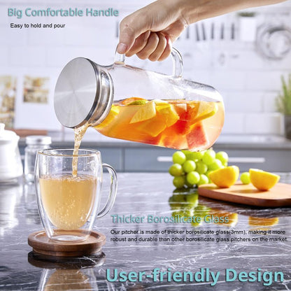Bivvclaz 2 Pack 1.2 Liter 40 oz Small Glass Pitcher with Lid and Handle, Glass Carafe Water Pitcher for Hot/Cold Water, Iced Tea, Drinks, Coffee, Juice and Homemade Beverage