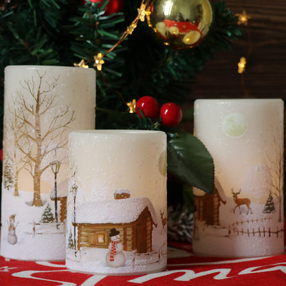 Eldnacele Snowman Christmas Deco Flameless Flickering Candles with Automatical Daily Cycle Timer, White Battery-Operated LED Pillar Candles Snowman Decals 3 Pack (D3” x H 4” 5” 6”)