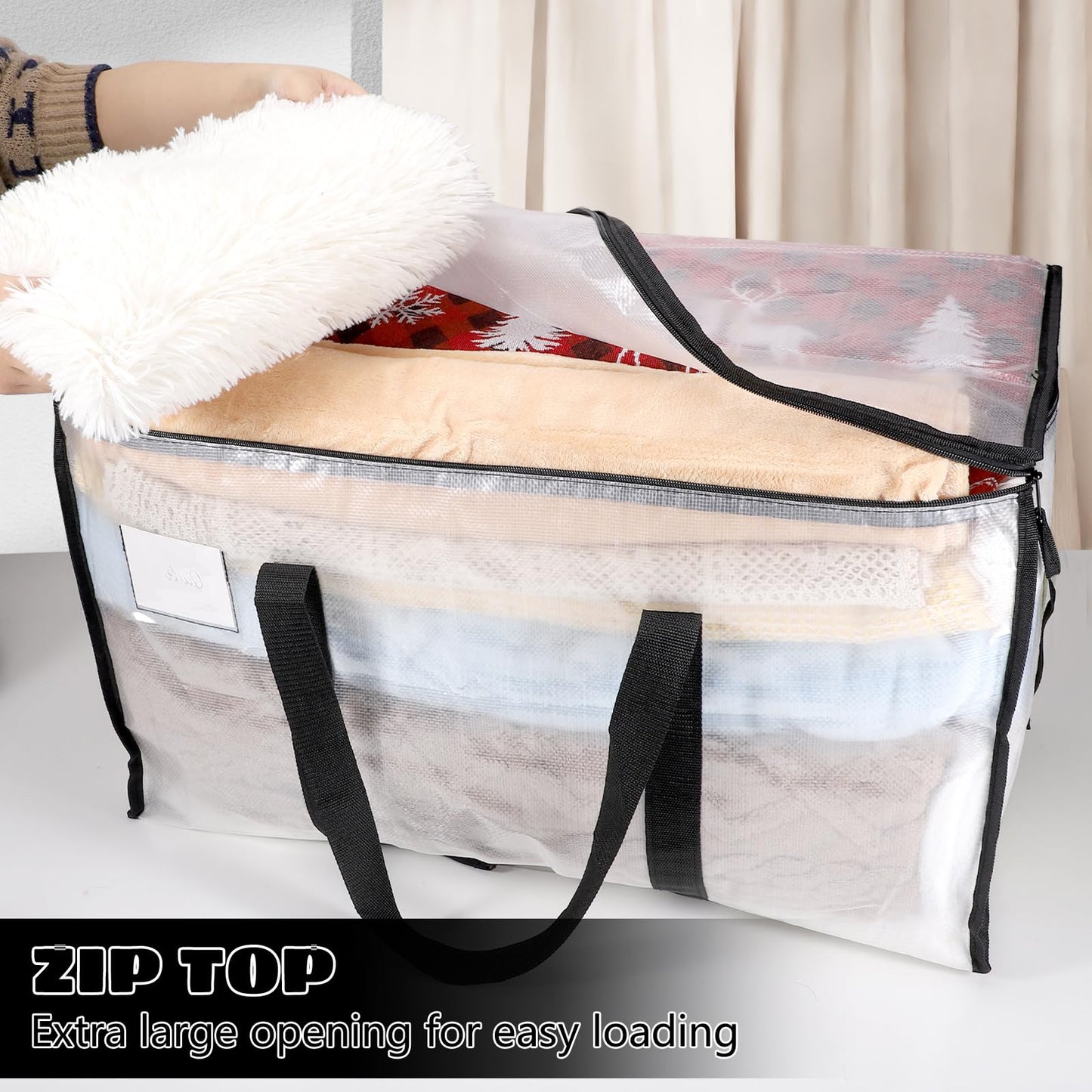 Dntorx 4 Pack Large Clothes Storage Bags with Lids Clear Moving Bags Heavy Duty Moving Totes Packing Bags with Zips for Moving Clothes Bedding Duvet Toys Christmas Storage Containers