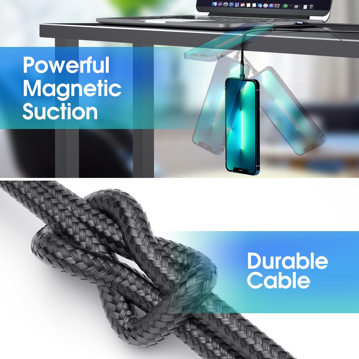 7-Pack 1.6FT/3FT/3FT/3FT/6FT/6FT/10FT 540 Rotating Magnetic Phone Charger 3 in 1 Magnetic Cable Nylon Braided USB Charger Cable for Micro USB/Type C/iProduct Device - Black