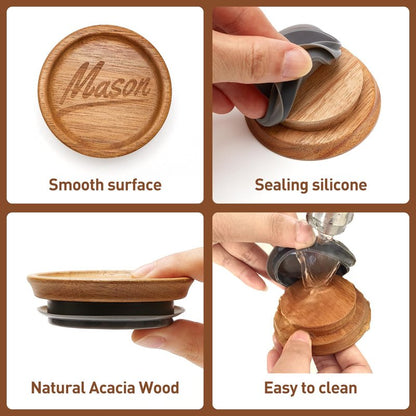 6 Pcs Acacia Wood Mason Jar Lids Regular Mouth Canning Jars Supplies Decorative Small Mouth Mason Jar with Wooden Lid Silicone Reusable Can Lids for Jars Tops Glass Cover Canning Accessories