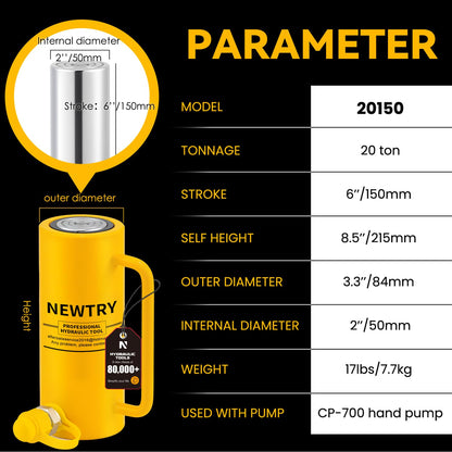 NEWTRY 20 ton Hydraulic Jack Cylinder Long Jack 6” Stroke Portable Hydraulic Ram Industrial Lifting Jack Porta Power Retract Automatically
