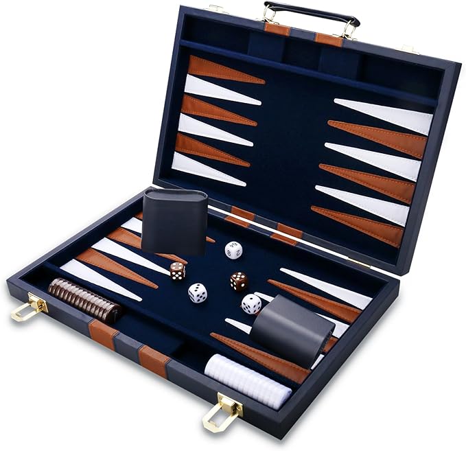 Backgammon Set - Classic Board Game with Premium Leather Case - Portable Travel Strategy Backgammon Game Set for Adults Kids - Suitable as (11inch Navy)