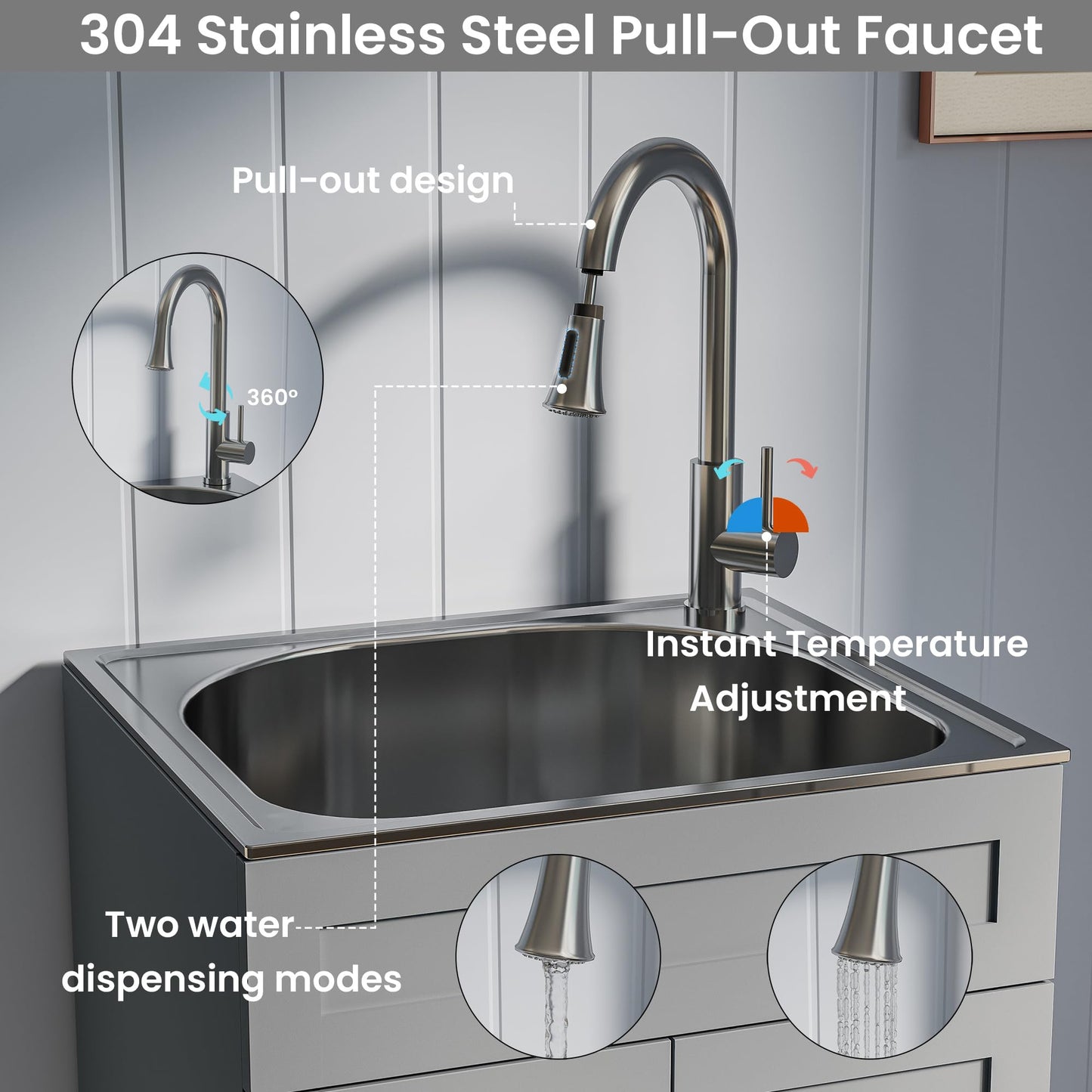ANCTOR 24 Inch Laundry Sink with Cabinet, Stainless Steel Utility Sink Cabinet with Pull-Out Hot/Cold Faucet Metal Hooks Freestanding Deep Utility Sink for Laundry Utility Room Kitchen Garage