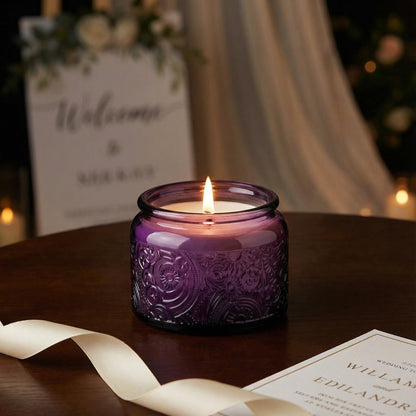 18-Pack 4oz Embossed Glass Candle Container with Bamboo Lids and Labels, Clear Candle Jars for Making Candles, Sun Moon Star Design (Purple)