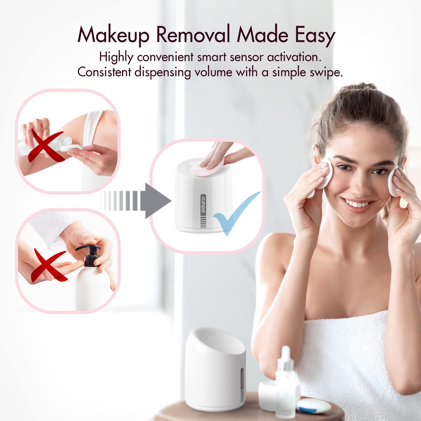 ISIMEE Automatic Makeup Remover Dispenser, Electric Micellar Water Dispenser, 6.8OZ Smart Cleansing Water Dispenser, Type-C Charger 4 Months Battery Life for Liquid Oil Facial Toner White 3.5''x4.3''