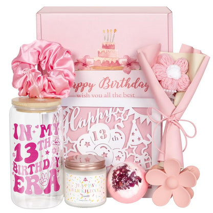 XGFYYMM 13th Birthday Gifts for Girls, 13 Year Old Gift Ideas for Official Teenager Girl, 7Pcs Happy 13th Birthday Basket Decorations Teen Trendy Stuff, Pink Presents Box for Her, Daughter, Niece