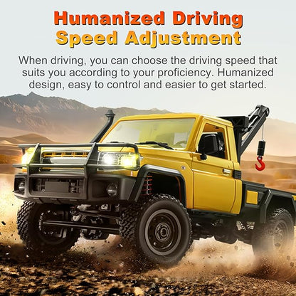 RC Crawler 1:12 Scale New Upgrade MN82-T RC Truck Crane 4WD LC79 Off Road Remote Control Pickup with Lights All Terrain Wrecker Vehicle for Teens Adults (Yellow)