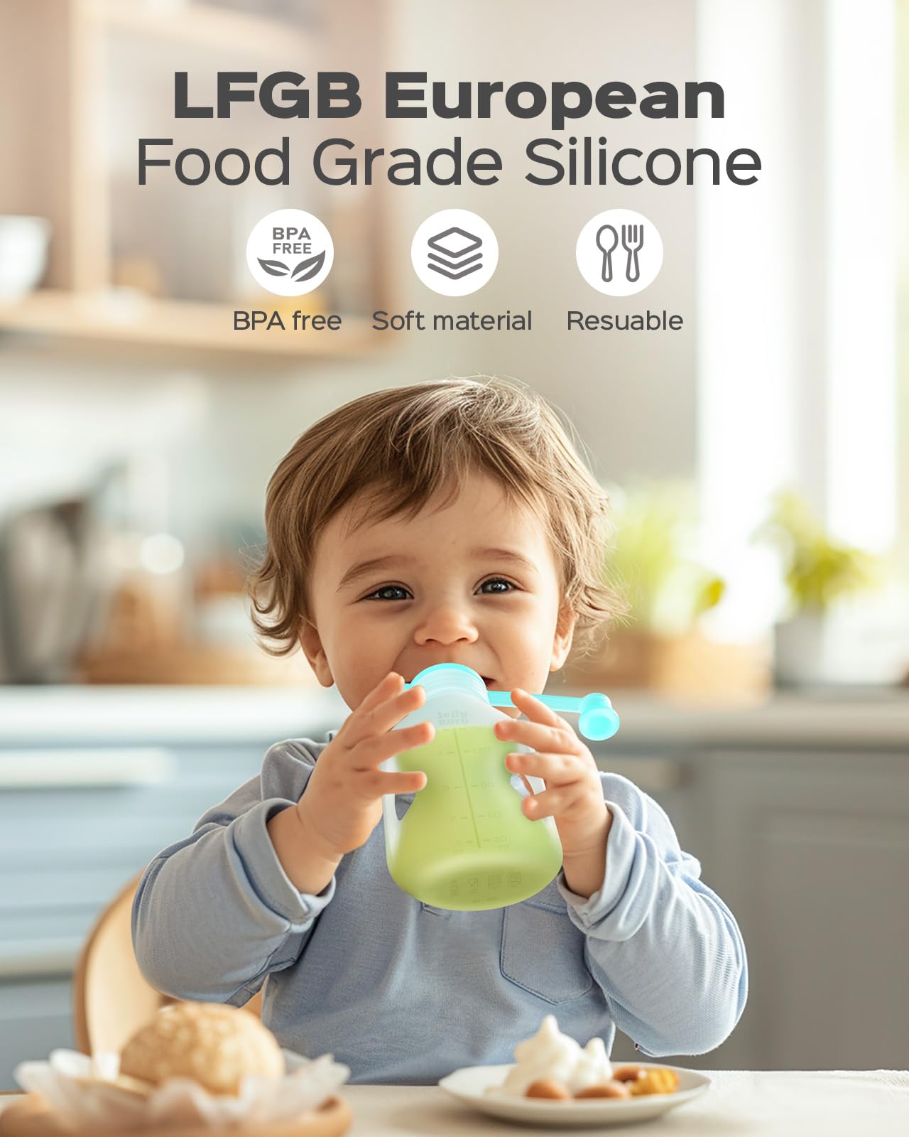 Jelly Ruru Silicone Reusable Baby Food Pouches with Straws, Leakproof Refillable Squeeze Pouches, Dishwasher, Freezer, Microwave Safe, Baby Food Storage for Homemade Puree, Yogurt (one size, Count, 4)