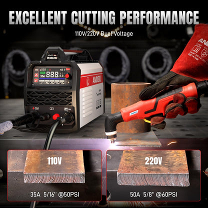 ANDELI Plasma Cutter, Non-Touch Pilot Arc 50A Plasma Cutting Machine,4.05'' Larger LED Display,5/8" Clean Cut, Post Flow Mesh,Plate Cutting/Grid Cutting/Marking 110/220V,2T/4T for Beginners DIY