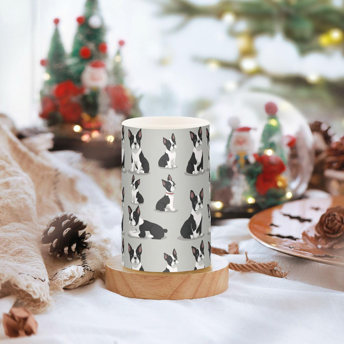Pigsaly Flameless Candles Battery Operated Cute Puppy Boston Terrier Dog Flickering Led Pillar Candles with Remote Control Colour Changing Warm Light Candles for Halloween Christmas Wedding