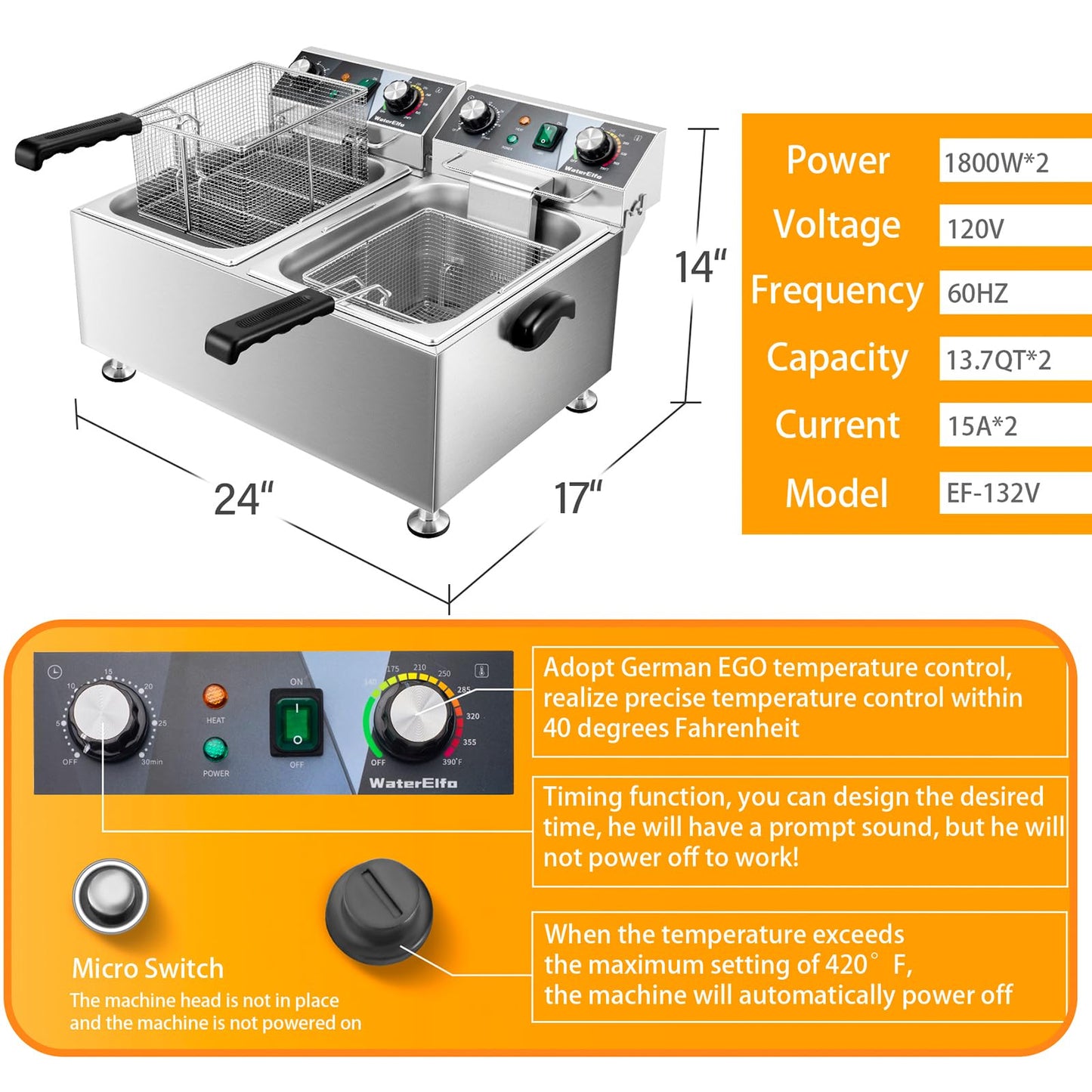 WaterElfo Deep Fryer Commercial Deep Fryers With Basket13Lx2 13.7Qt x 2 Thicken With Precise Temperature Control Timer Double Deep Fryer With 2 Baskets1800Wattsx2 120V Countertop Fryer Restaurant