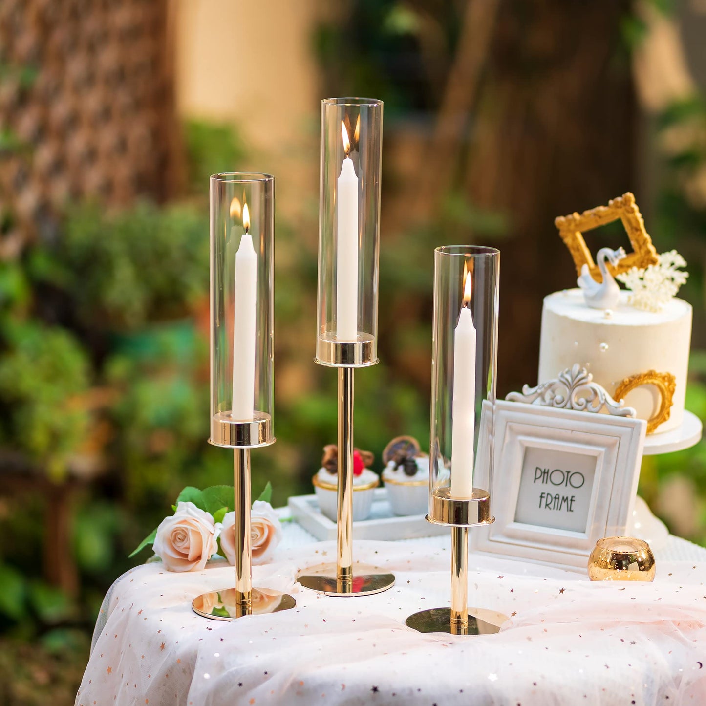 Inweder Hurricane Taper Candle Holders: Gold Glass Candlestick Holder Tall Candle Sticks Holder Decor with Glass Cover for Wedding Table Centerpiece Party Birthday Christmas Home Mantel Set of 3