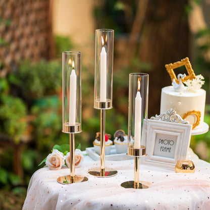 Inweder Hurricane Taper Candle Holders: Gold Glass Candlestick Holder Tall Candle Sticks Holder Decor with Glass Cover for Wedding Table Centerpiece Party Birthday Christmas Home Mantel Set of 3