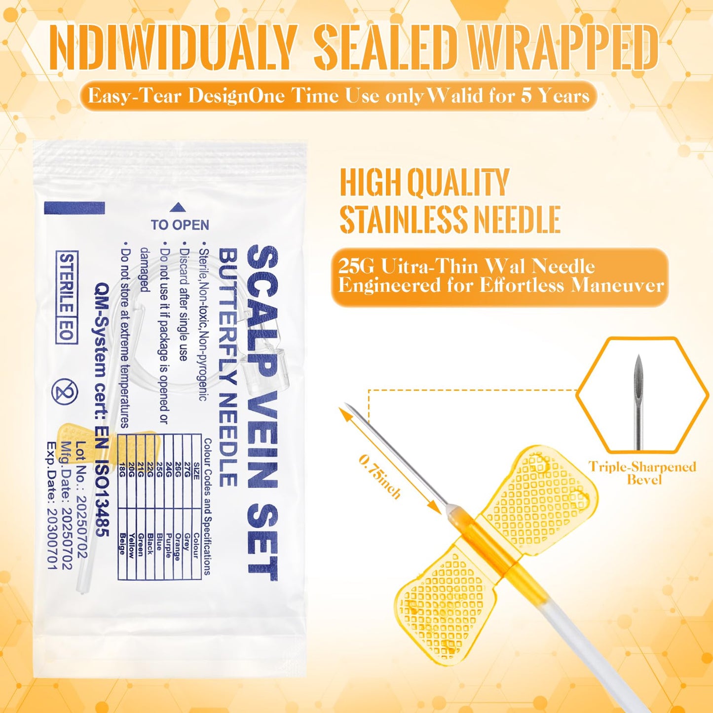 Gaillty 100 Pack Butterfly Needles Collection Needles Blood Collection Set with Holder Sterile Individual Packaging for Laboratories and Veterinary(Style2,25G X 3/4" X 12",Orange)