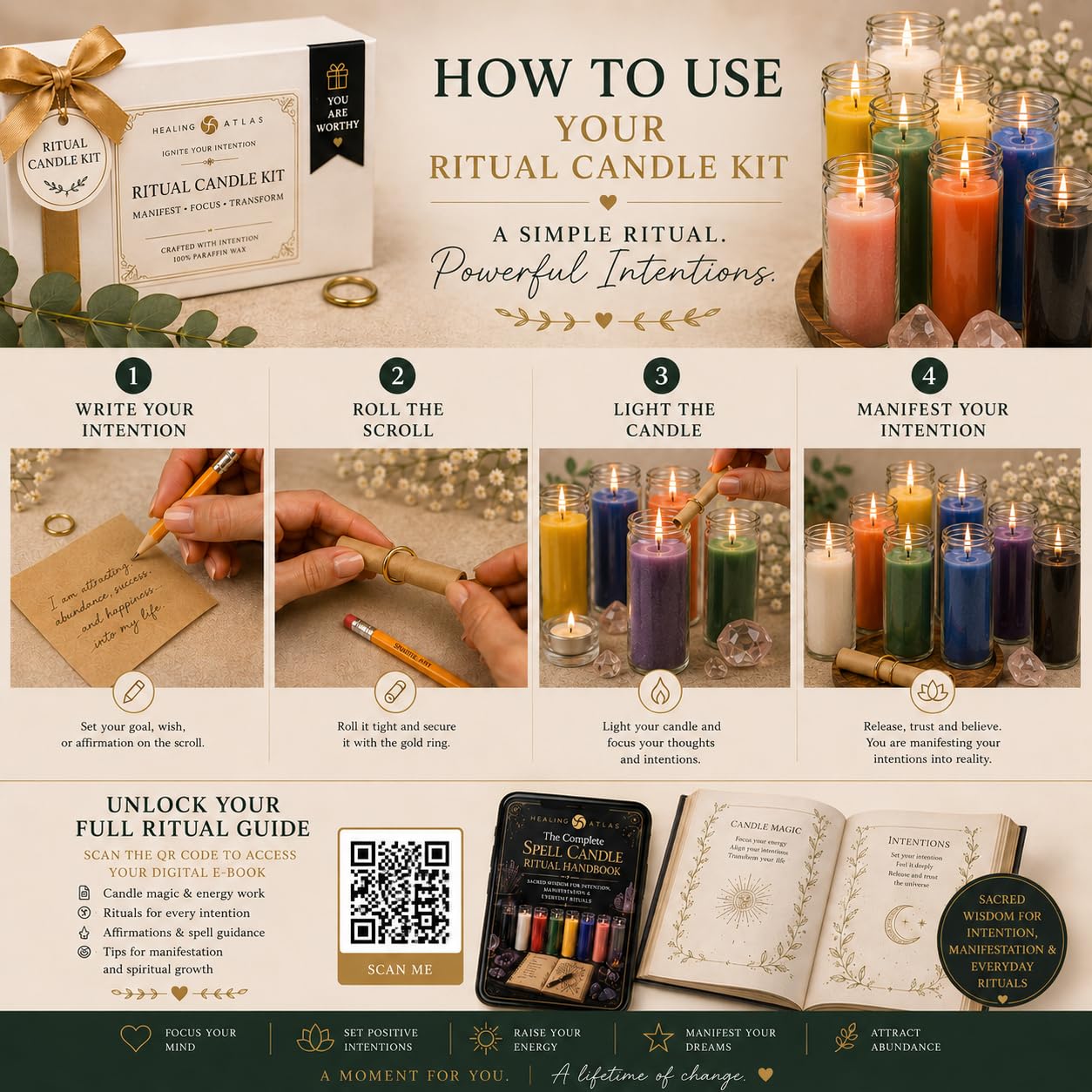 Pink Love Manifestation Candle Kit – 8" Ritual Prayer Candle with Intention Scrolls, Pencil & QR Guide, Self-Love, Harmony & Relationships