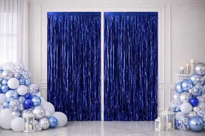 Dark Blue Metallic Foil Fringe Curtain Backdrop by [Brand Name] - 3.2ft x 6.4ft Party Decoration for Birthdays, Weddings & More