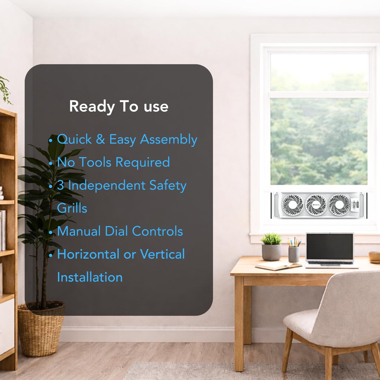 Comfort Zone Triple Window Fan with Adjustable Thermostat | 3-Speed High-Velocity Cooling | Horizontal or Vertical Manual Control | Fits Double Hung Windows (Min 25" x 8") | Fully Assembled | White