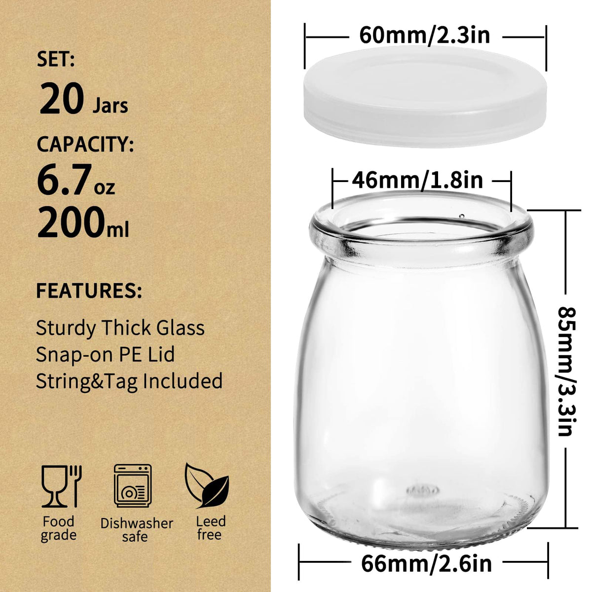 6.7oz Small Glass Jars 20Pack, Clear Glass Pudding with PE Lids and Tags, Spice/Glass Jelly/Yogurt/Candle Containers/Small with Lids (Set of 20)