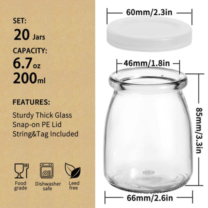 6.7oz Small Glass Jars 20Pack, Clear Glass Pudding with PE Lids and Tags, Spice/Glass Jelly/Yogurt/Candle Containers/Small with Lids (Set of 20)