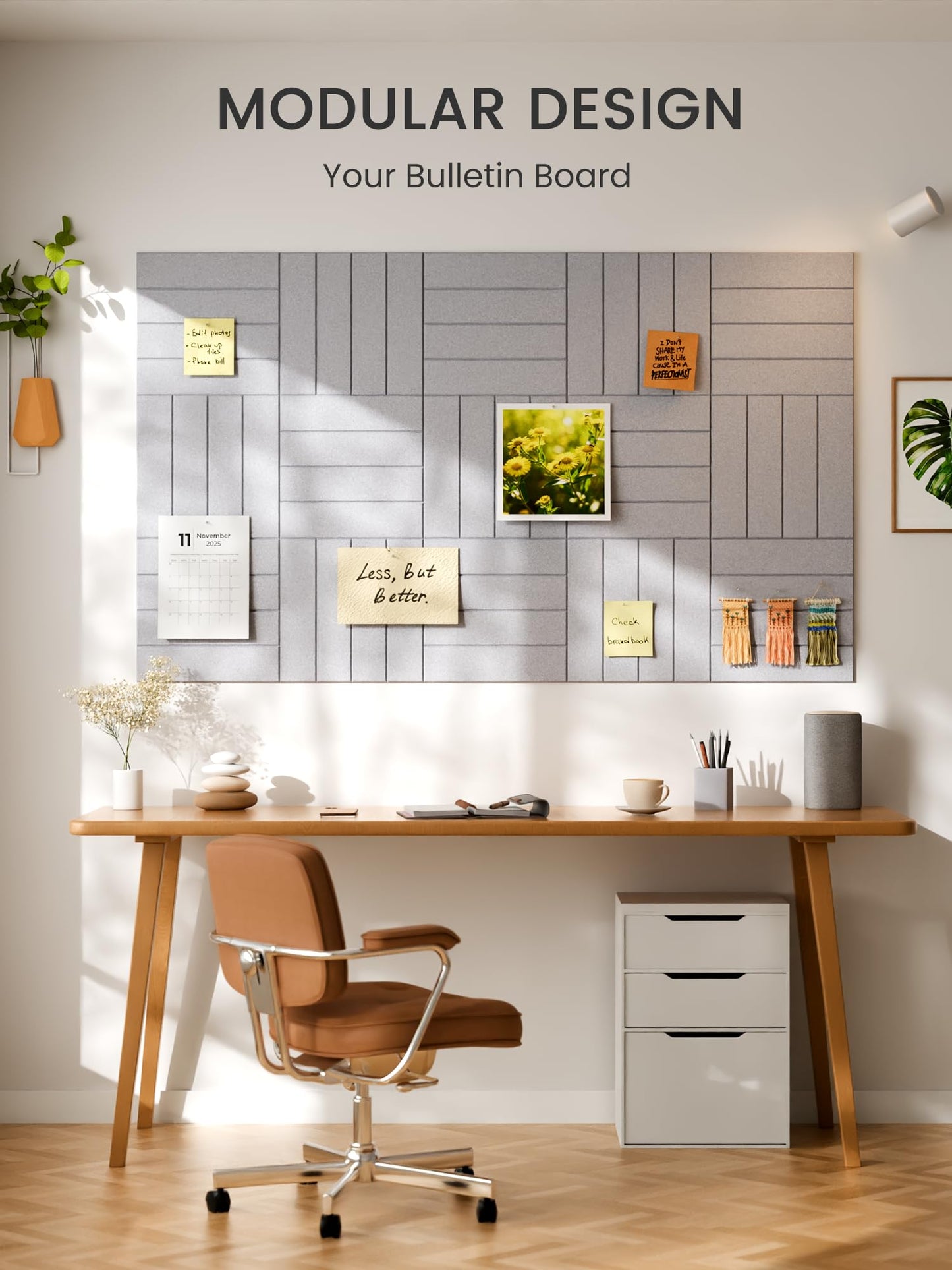 Bumusty Large Cork Board Alternative-36 x 24" Felt Bulletin Board Tiles, with 30 Pushpins, 40 Adhesive Tabs, Bold-Stripe 6-Pack, Cork Boards for Office Push Pin Board Felt Board-Soft Gray