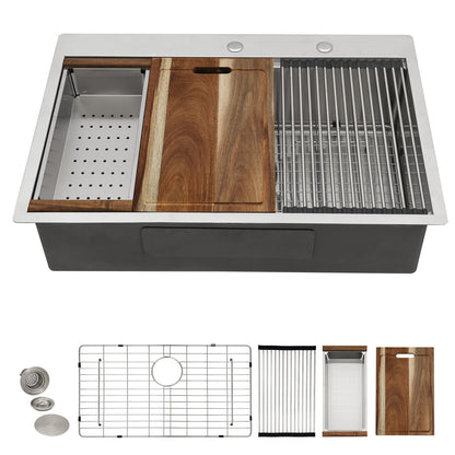 Fulorni 33"x22" Drop In Kitchen Sink Ledge Workstation – 16 Gauge 304 Stainless Steel Above Counter Deep Single Bowl Top Mount Sink Basin