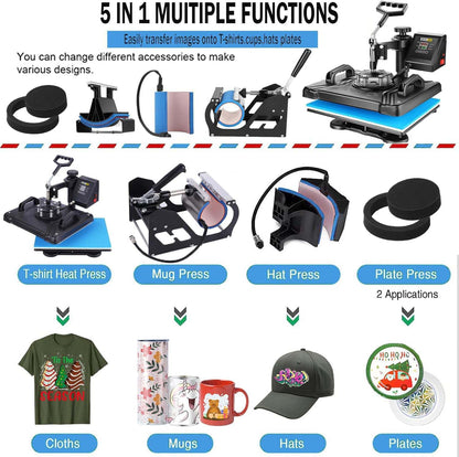 AKEYDIY Professional 5 in 1 Heat Press Machine for t Shirts Digital Heat Press Combo 12" x 15" 360-degree Swing Aweay Shirt Press Machine Sublimation Heat Press for T Shirts Mug Hat Plate