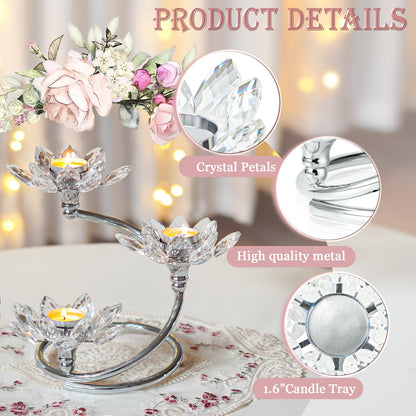 Kehail Silver 1 Pc Crystal Flower Shaped Candle Holder Set, 3-Arm Metal Votive Tea Light Candlestick for Table Centerpiece, Home Wedding Party Anniversary Decor